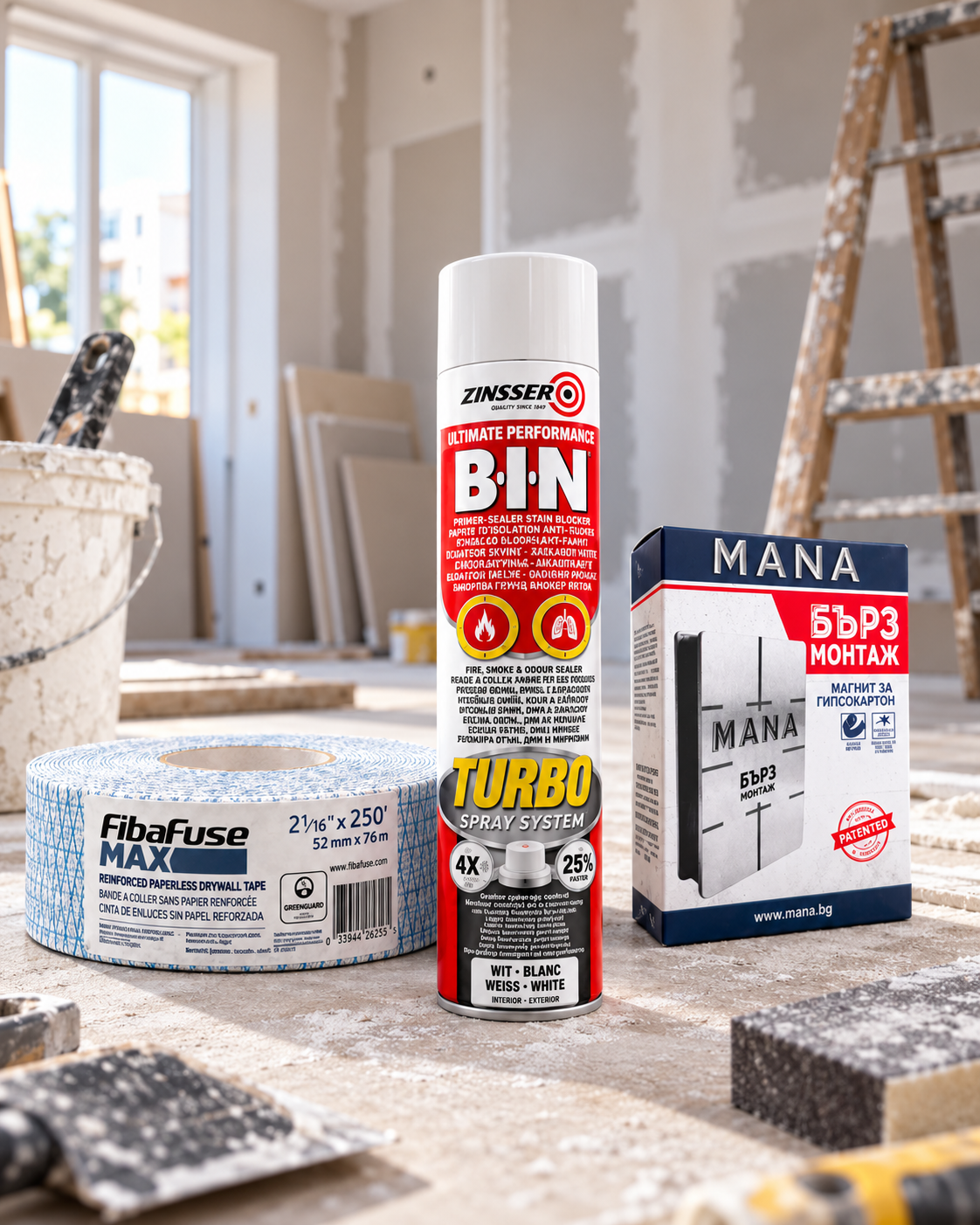 КОМПЛЕКТ УИКЕНД РЕМОНТ: MANA Магнит БЪРЗ МОНТАЖ + FIBAFUSE MAX 76м + ZINSSER BIN Turbo