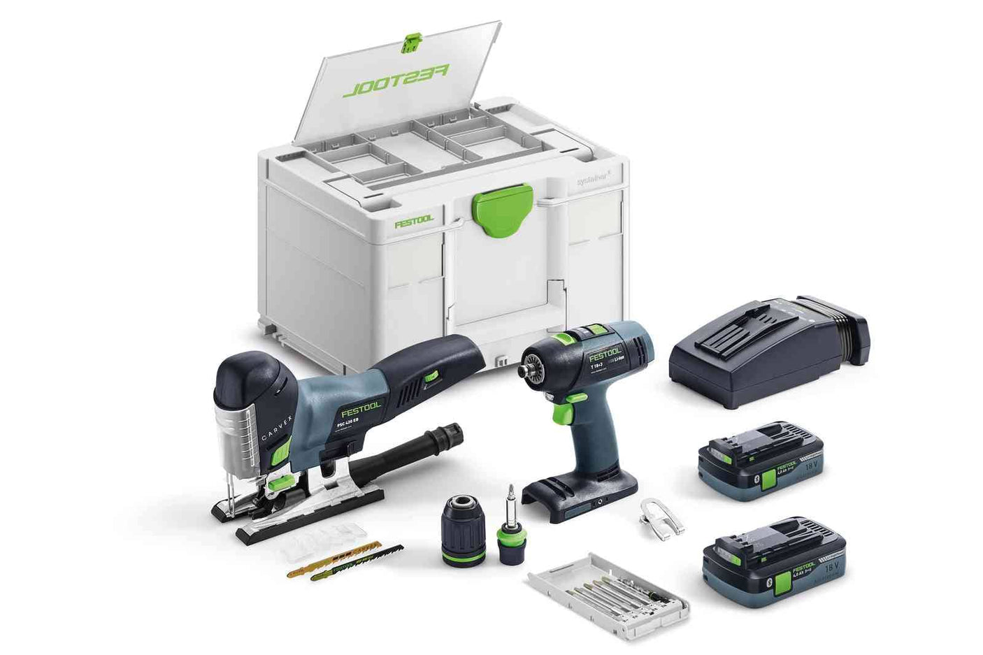 Festool Монтажен пакет от акумулаторен винтоверт и прободен махален трион / зеге T 18+3/PSC 420 HPC I-Set